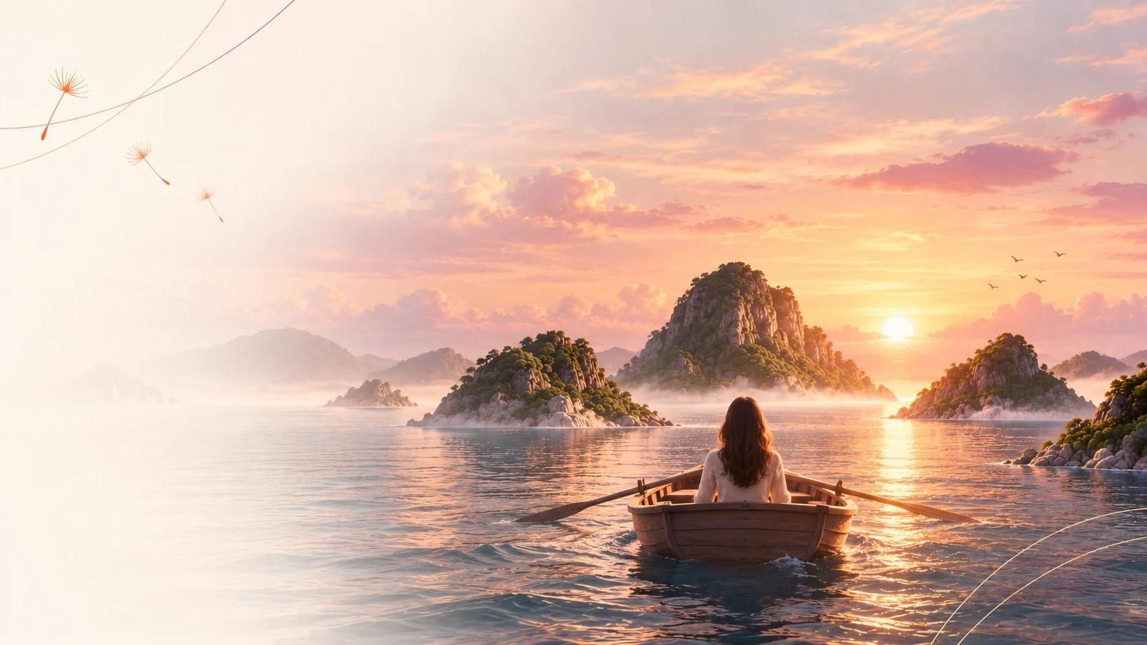 Uma mulher em um barco contempla diferentes ilhas ao pôr do sol, uma metáfora para a jornada de autoconhecimento.